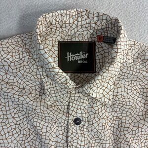 Howler Brothers Aransas Button Shirt Men Medium Beige Short Sleeve Geometric AOP
